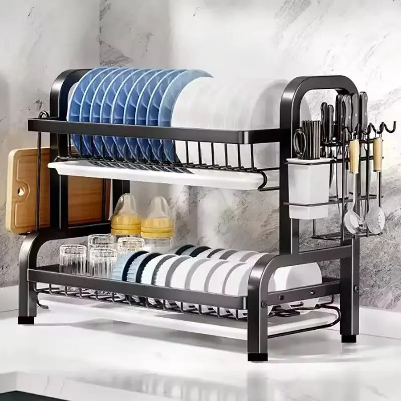 2-Tier Compact Dish Drying Rack – Rust-Proof Kitchen Dish Drainer with Drainboard and Utensil Holder