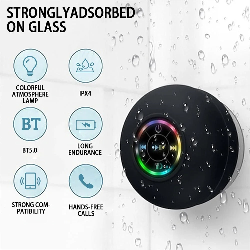 Portable Waterproof Bluetooth Speaker with LED Lights β IPX4, Stereo Sound & Suction Cup