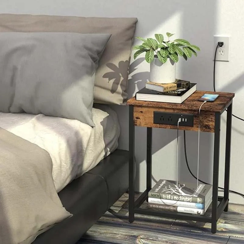 Modern Nightstand with Charging Station – 2-Tier Bedside Table with USB Ports & Outlets, Multipurpose End Table & Record Player Stand