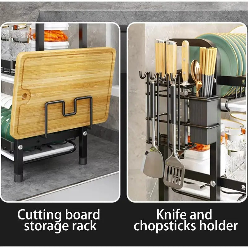 2-Tier Compact Dish Drying Rack – Rust-Proof Kitchen Dish Drainer with Drainboard and Utensil Holder