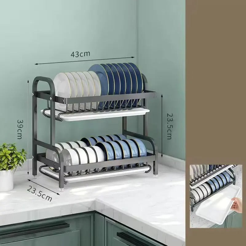 2-Tier Compact Dish Drying Rack – Rust-Proof Kitchen Dish Drainer with Drainboard and Utensil Holder