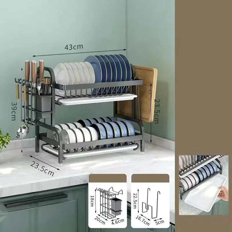 2-Tier Compact Dish Drying Rack – Rust-Proof Kitchen Dish Drainer with Drainboard and Utensil Holder
